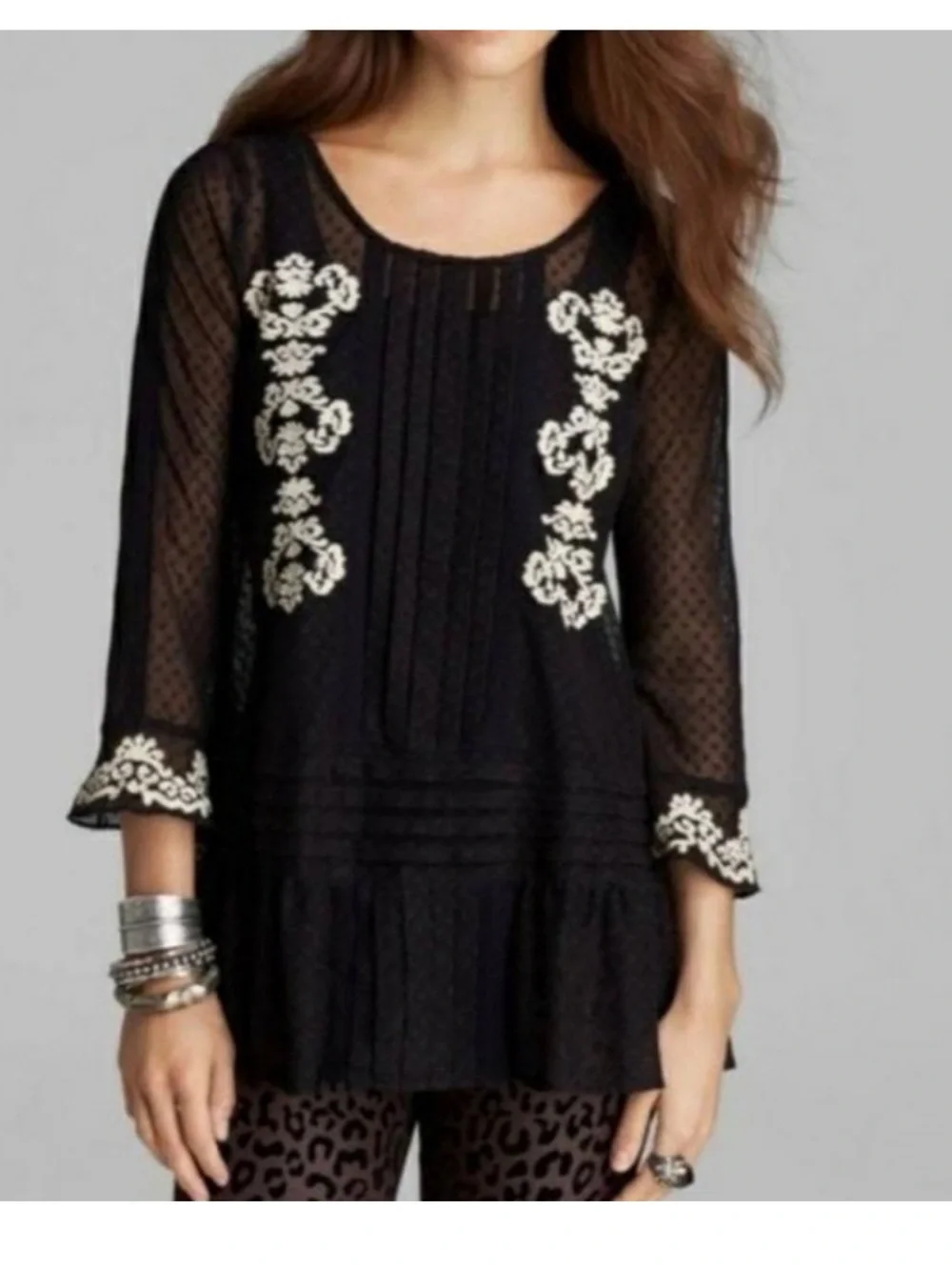 FREE PEOPLE Black Jocelyn Pleated Dot Ruffle lace Tunic Size S